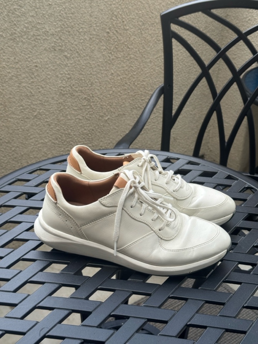 Clarks Women's White Leather Sneakers with Tan Heel Detail
